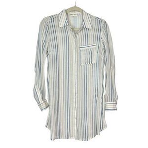 Indigo Rose Top Women Cream Blue Stripe Collar Tunic Long Sleeve Button Up Small